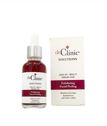 د. كلينيك مقشر الوجه بحمض الجليكوليك (AHA 10%) وحمض الساليسيليك (BHA 2%)  Dr. Clinic Solutions AHA 10% + BHA 2% Salicylic Acid Exfoliating Facial Peeling – 30ml