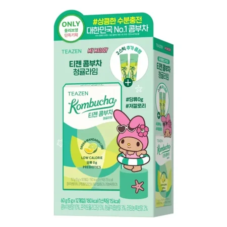 شاي الكمبوتشا بنكهة اليوسفي الأخضر والليمون تيزن ١٢ظرف -Teazen Kombucha Green Mandarin Lime My Melody Edition